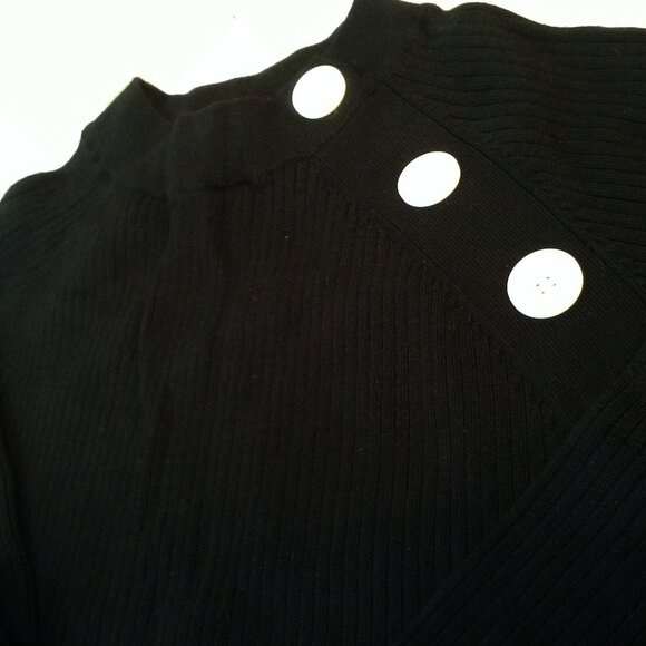 Vintage 80s dressbarn Ribbed Knit Sweater Lady-L Mockneck Faux-Buttons LSL Black - Picture 6 of 10